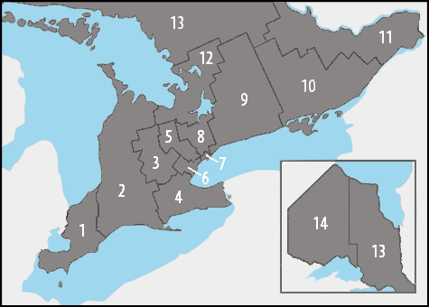 A map showing which areas of Ontario are covered by each of thehealthline.ca's regional sites.